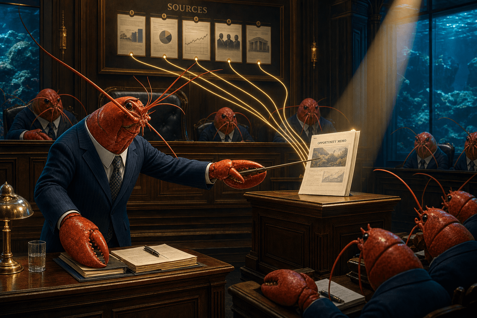 A stern but elegant lobster prosecutor cross-examining an opportunity memo in a dramatic business courtroom, with the memo sitting on a witness stand under a spotlight and glowing evidence threads connecting it to source cards
