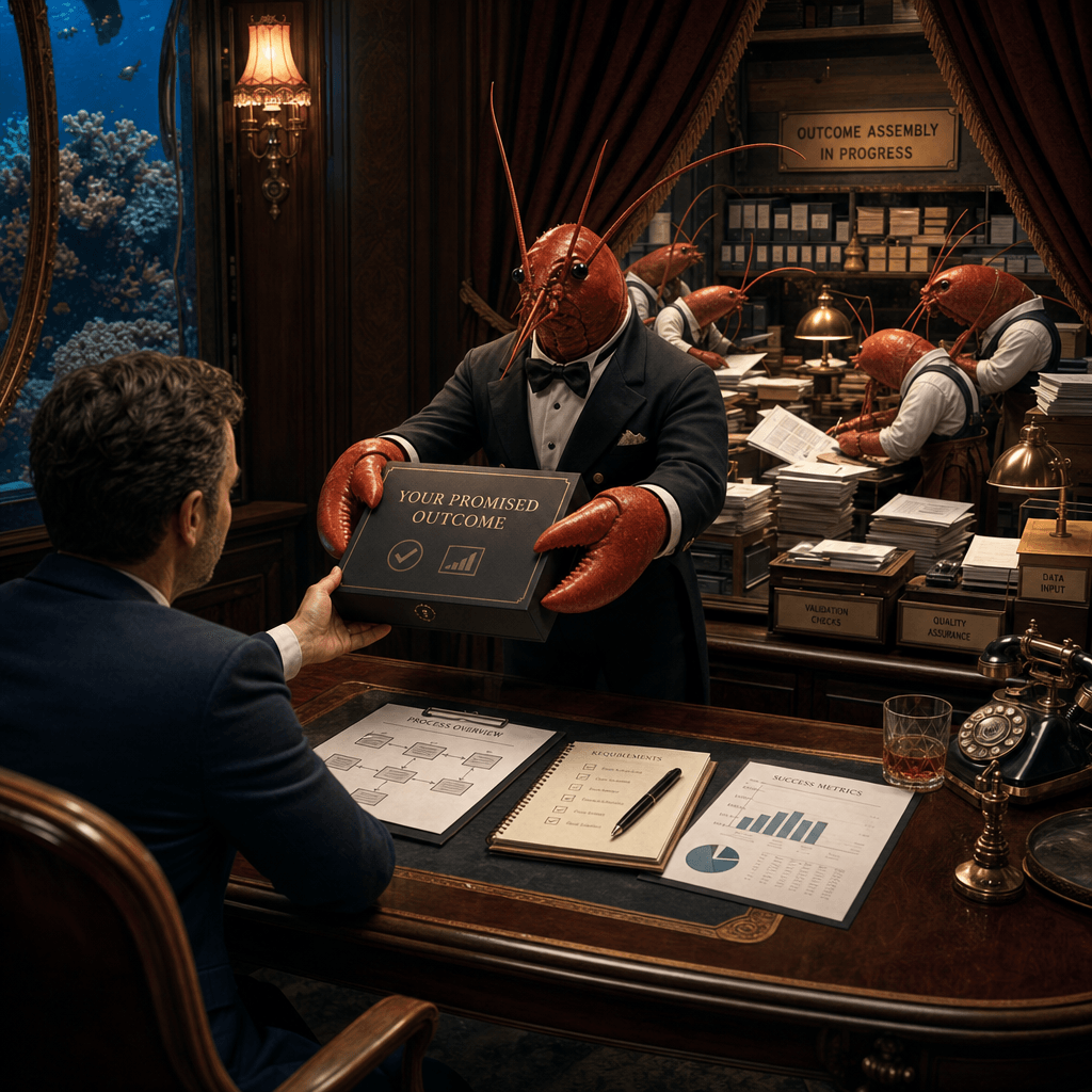 A dignified lobster butler manually delivering a promised product outcome to an early customer before full software exists, with small lobster operators assembling the result by hand behind a velvet curtain using documents and checklists