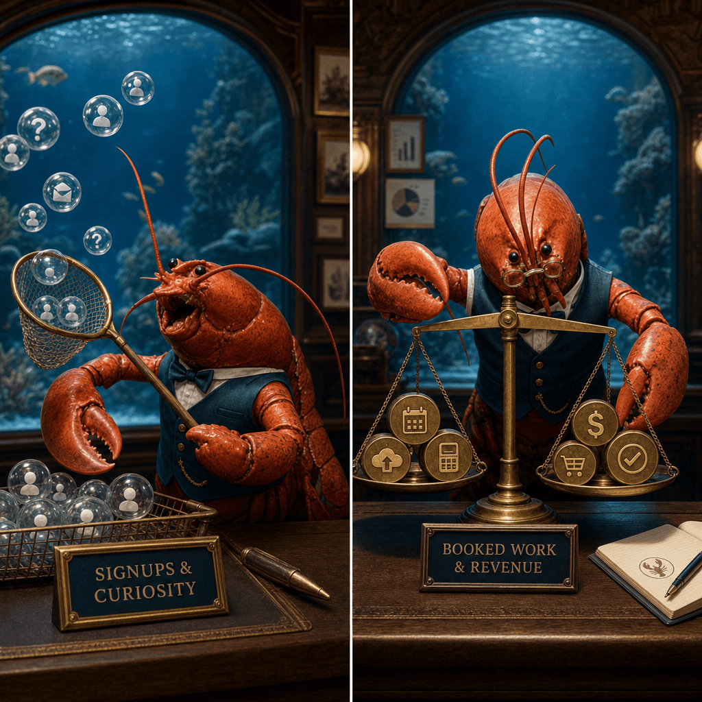 A refined split-screen tableau: on the left a cheerful lobster collects lightweight bubbles representing casual signups; on the right a focused lobster weighs heavy brass tokens representing booked calls, artifact uploads, pricing selection, deposits, and paid pilots