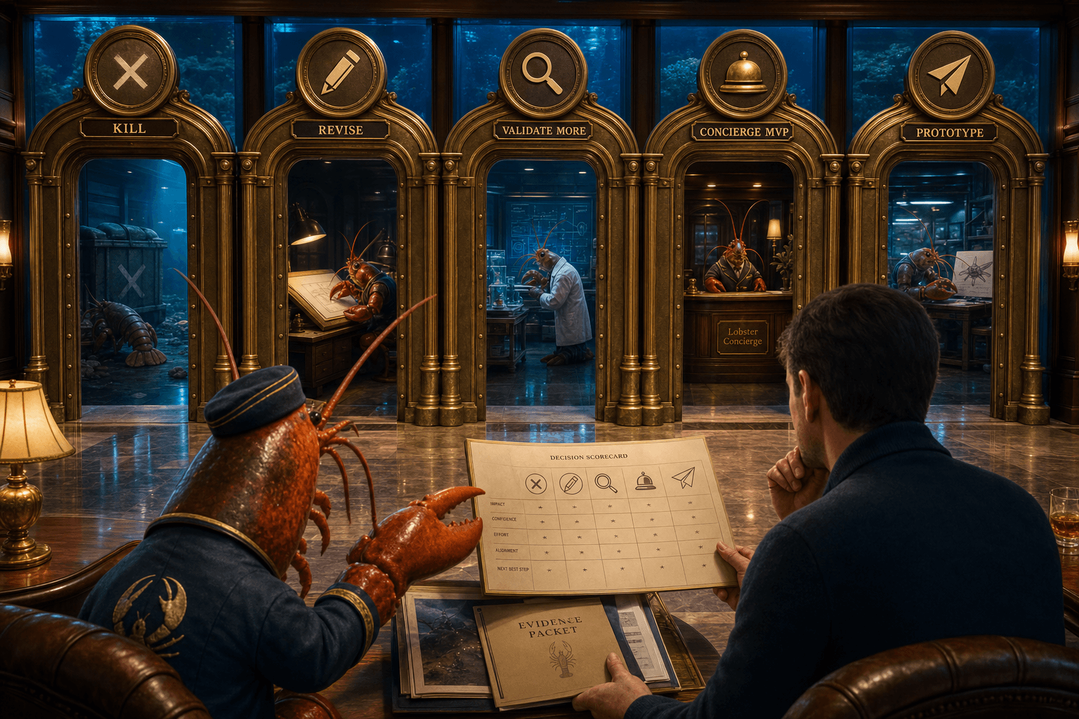 Five ornate brass decision gates in a polished aquarium-lit hall, representing kill, revise, validate more, concierge MVP, and prototype, with a thoughtful lobster guide and a human reviewer choosing a gate using a scorecard