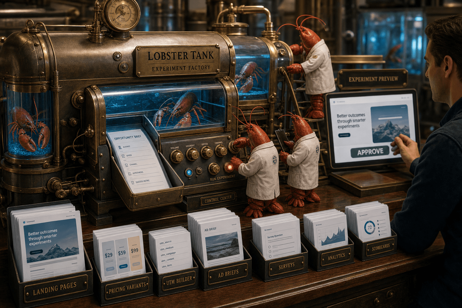 A compact experiment factory machine on a polished mahogany workbench: a structured opportunity brief slides into the input tray; landing page mockups, pricing variants, UTM cards, ad briefs, surveys, analytics dashboards, and scorecards emerge in neat stacks