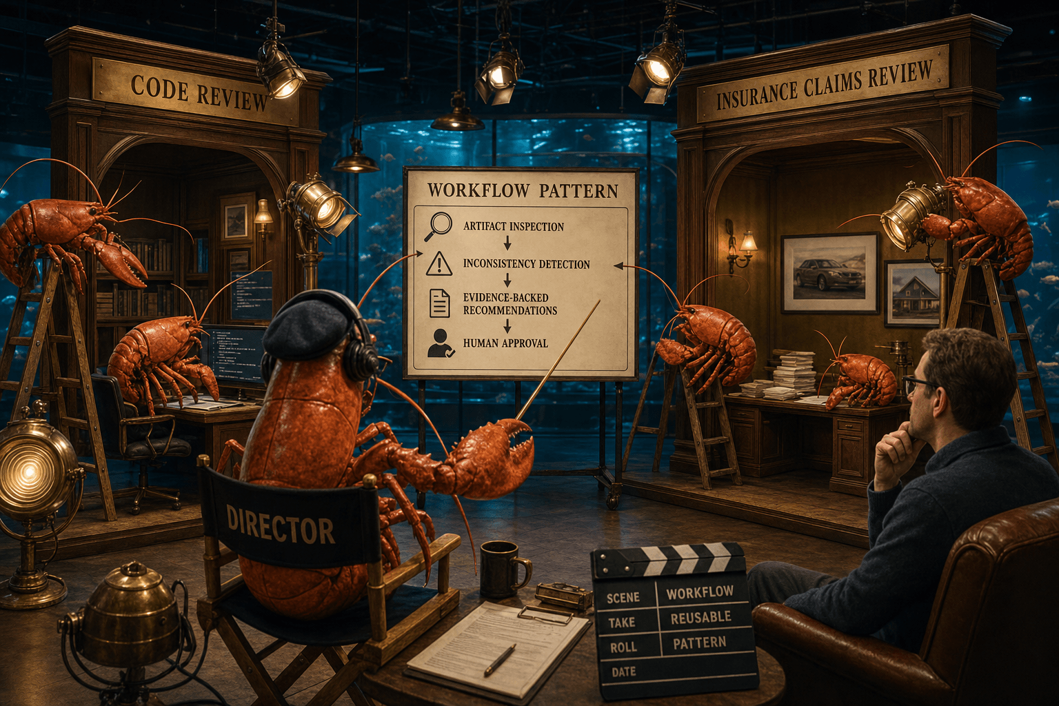 A lobster film director on a polished studio soundstage transferring an underlying workflow pattern from one elegant set representing code review to another representing insurance claims review, with the reusable skeleton visible