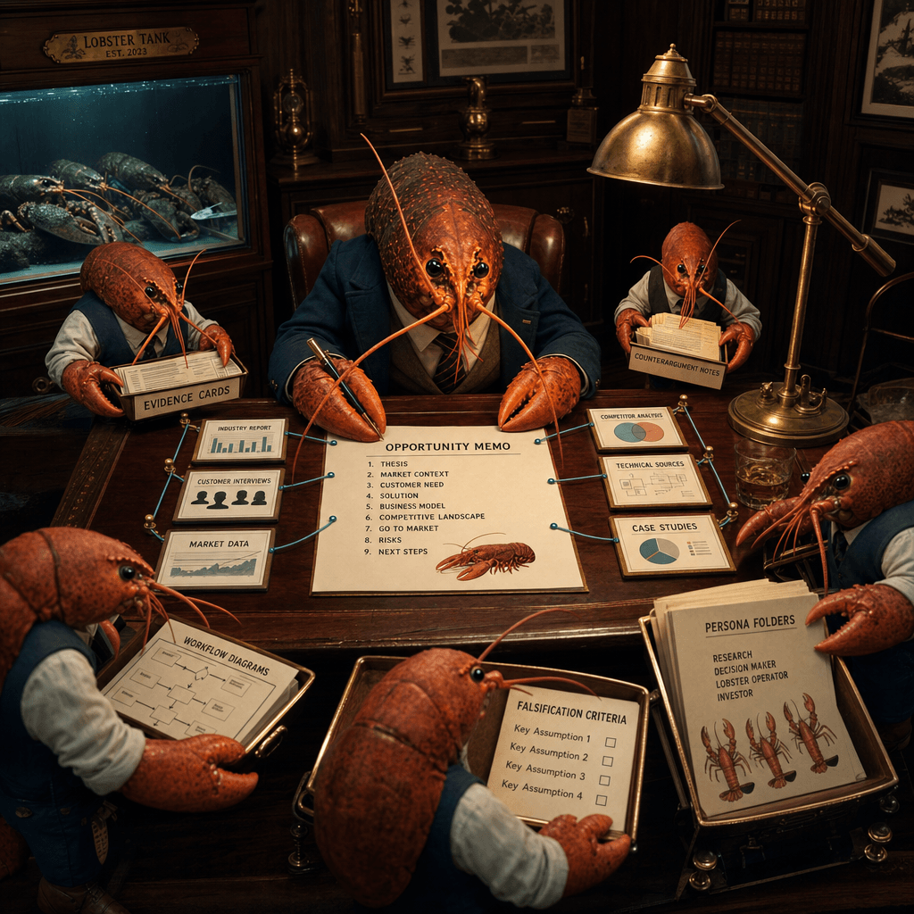 A lobster scribe at a polished mahogany desk drafting a structured opportunity memo under a brass lamp, with assistant lobsters bringing evidence cards, counterargument notes, persona folders, and workflow diagrams