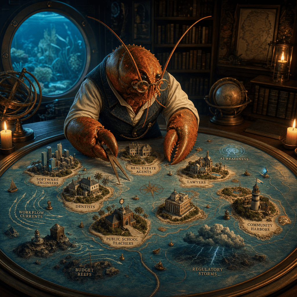A lobster cartographer with spectacles studying an antique nautical map table inside the venture studio, where economic personas appear as elegant islands with workflow currents, budget reefs, regulatory storms, and community harbors marked