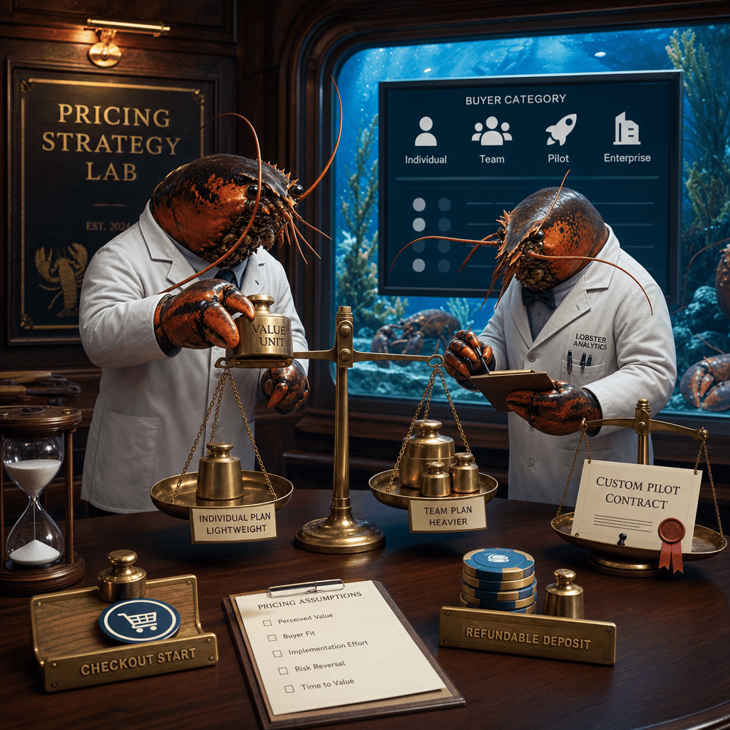 Lobster analysts testing pricing assumptions in an elegant laboratory using brass scales and polished tokens, with lightweight individual plans, heavier team plans, custom pilot contracts, and refundable deposits appearing as physical objects with different weights