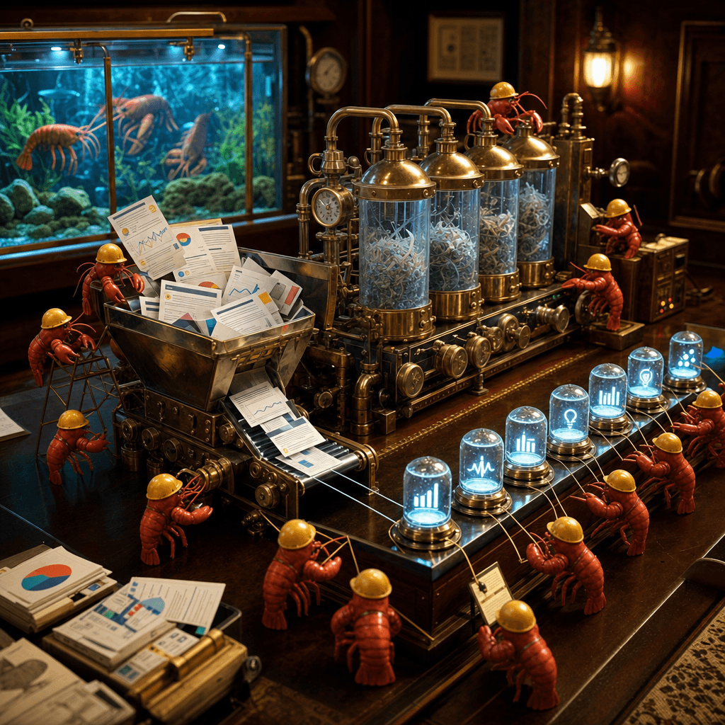 Tiny lobster agents in hard hats running a miniature brass-and-glass data refinery: tangled raw material enters as papers, transcripts, and comments; clean glowing signal capsules emerge, each tethered back to its source by a fine evidence line