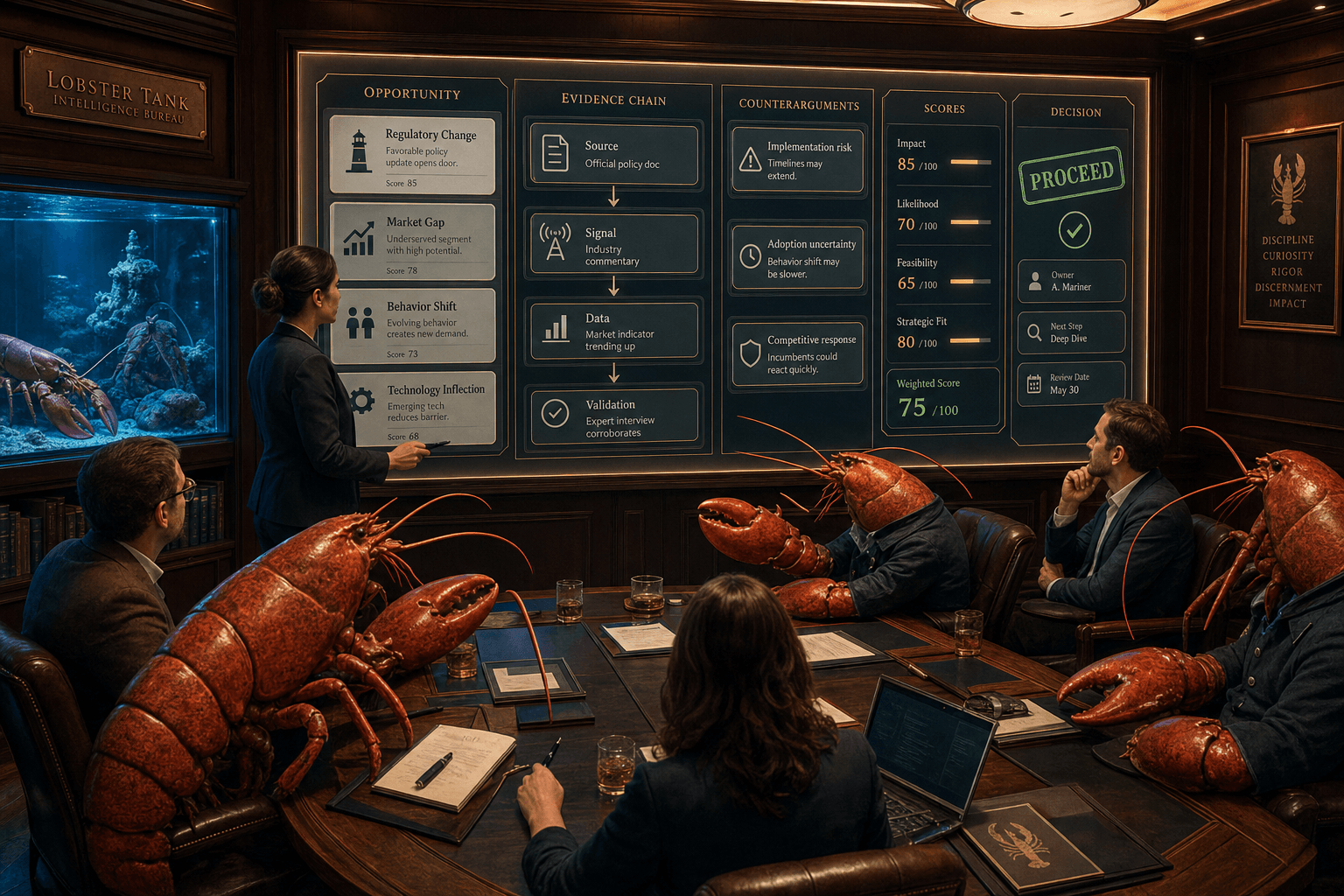 Lobster reviewers and human collaborators gathered in a refined intelligence war room around a large glowing curation board showing opportunity cards, evidence chains, counterarguments, scores, and decision stamps