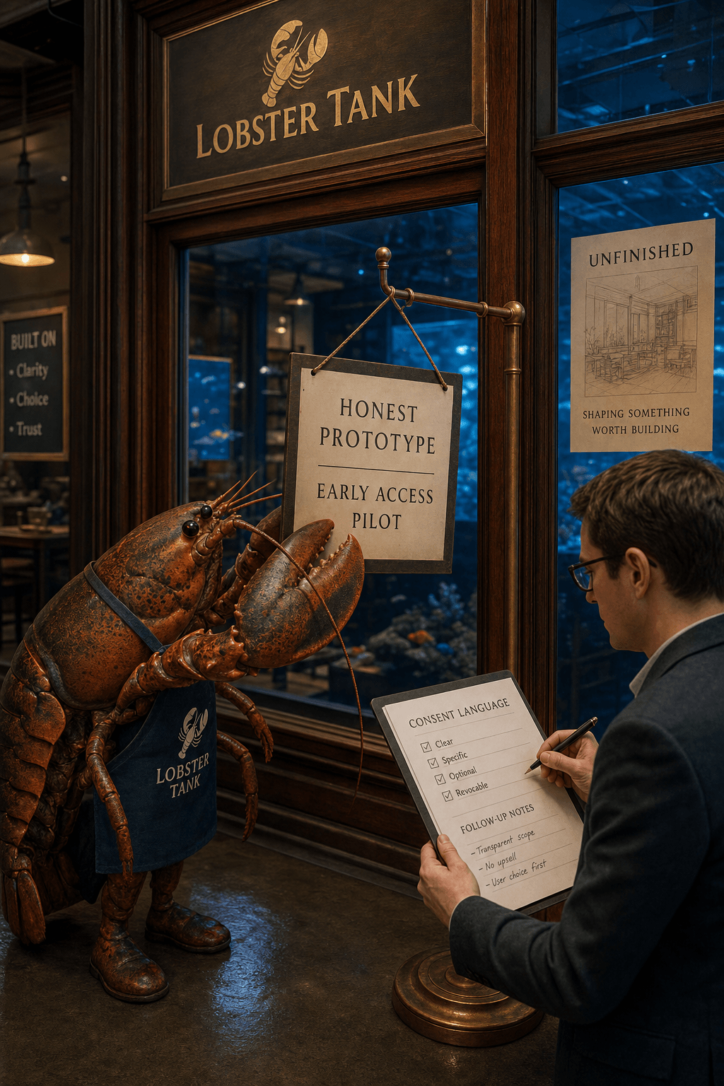 A thoughtful lobster beside a beautiful but clearly unfinished early-access storefront, placing an honest prototype sign while a human reviewer checks consent language and follow-up notes