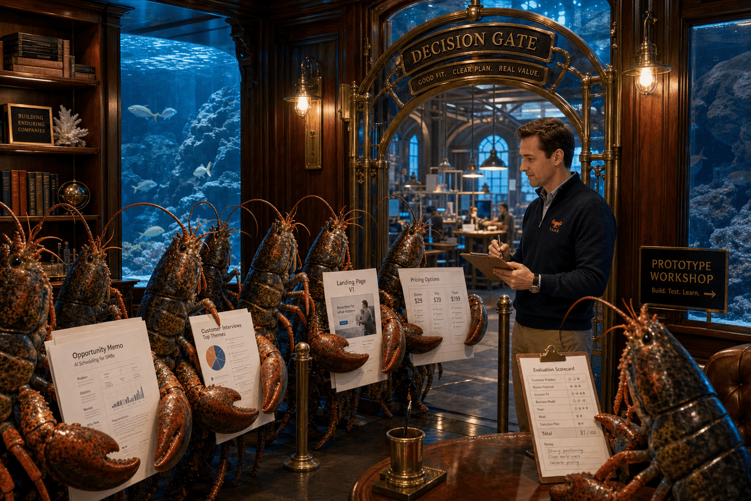 A grand brass decision gate inside a venture-studio aquarium room where eager lobster Claws line up with opportunity memos and a calm human reviewer stands at the gate with a clipboard, deciding what passes through