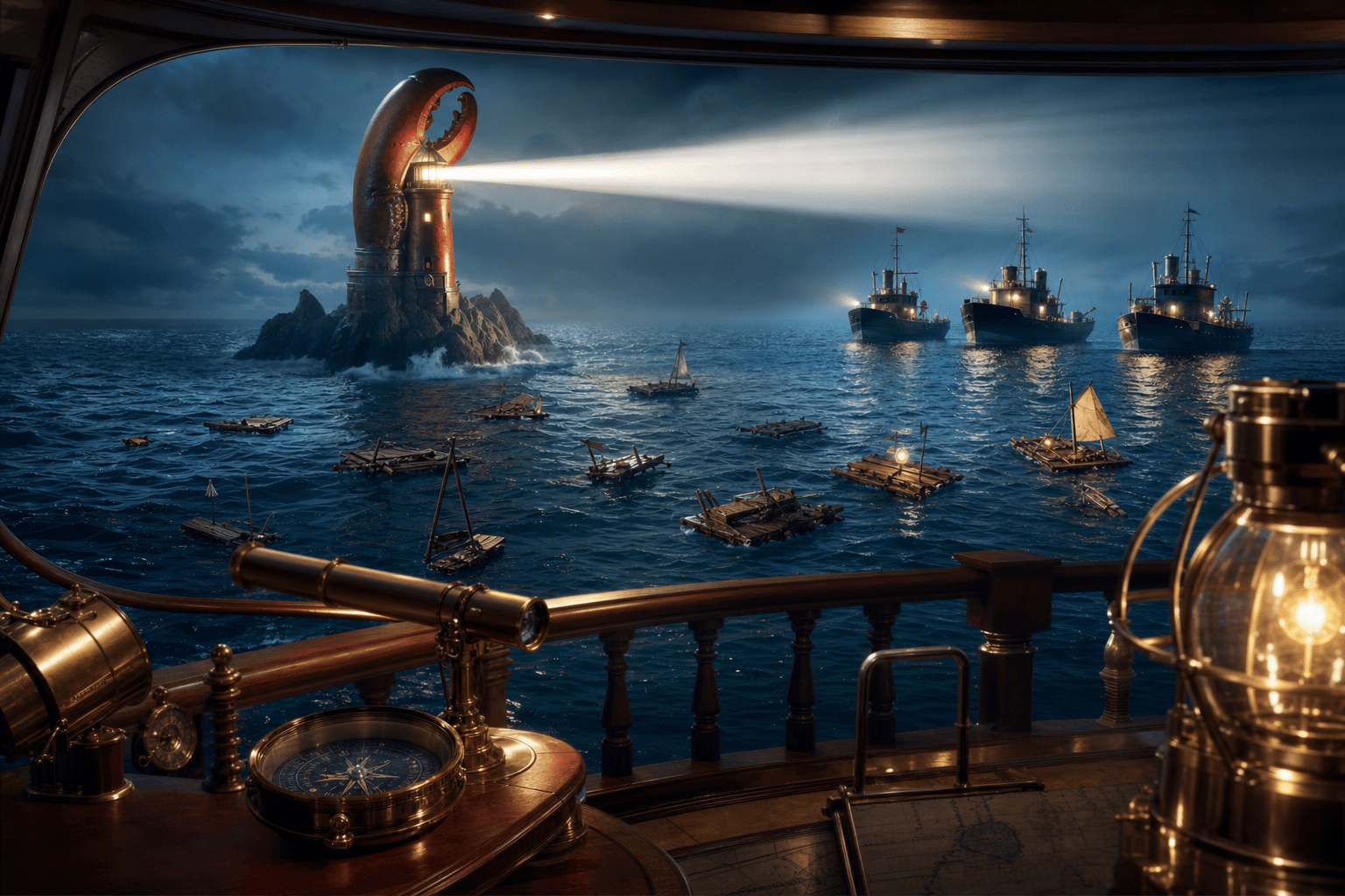 A lighthouse subtly shaped like a lobster claw shining across a dark strategic sea toward sturdy ships representing validated prototype candidates, with smaller drifting rafts representing raw ideas and weak signups