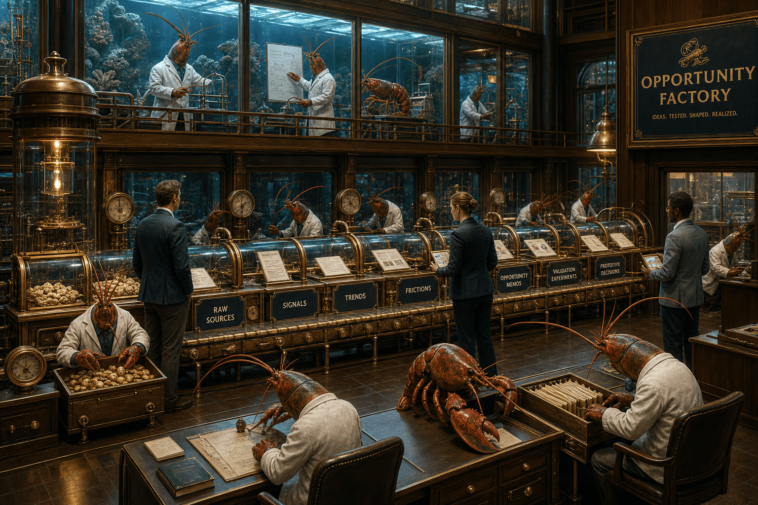 A polished brass-and-glass opportunity factory operated by lobsters in lab coats: ideas travel along a conveyor belt through stages for sources, signals, trends, frictions, memos, and validation experiments, with humans at decision gates