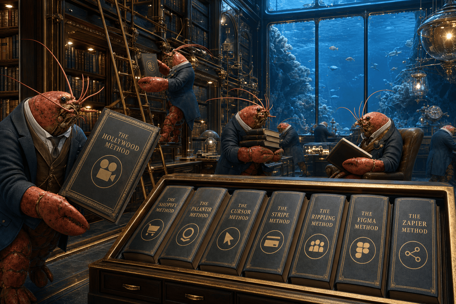 A grand underwater business library with towering mahogany shelves, brass ladders, and leather reading chairs, where lobsters in tailored attire pull ornate method books representing reusable business patterns shown as tasteful icons
