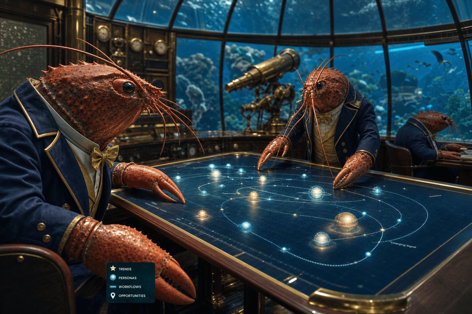 Lobster strategists studying an elegant underwater observatory map where trends are glowing stars, personas are planets, workflows are orbital paths, and opportunities are route markers connected by fine graph lines