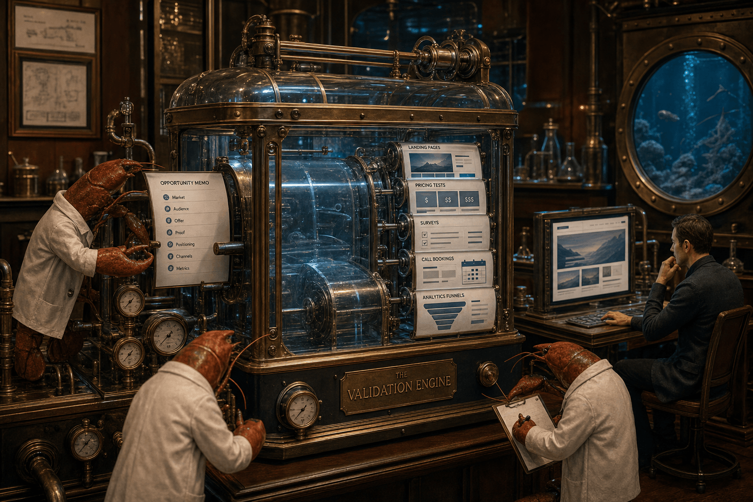 A transparent brass-and-glass validation engine inside a refined laboratory: a structured opportunity memo enters one side; persona-specific landing pages, pricing tests, surveys, call bookings, analytics funnels, and scorecards emerge from the other