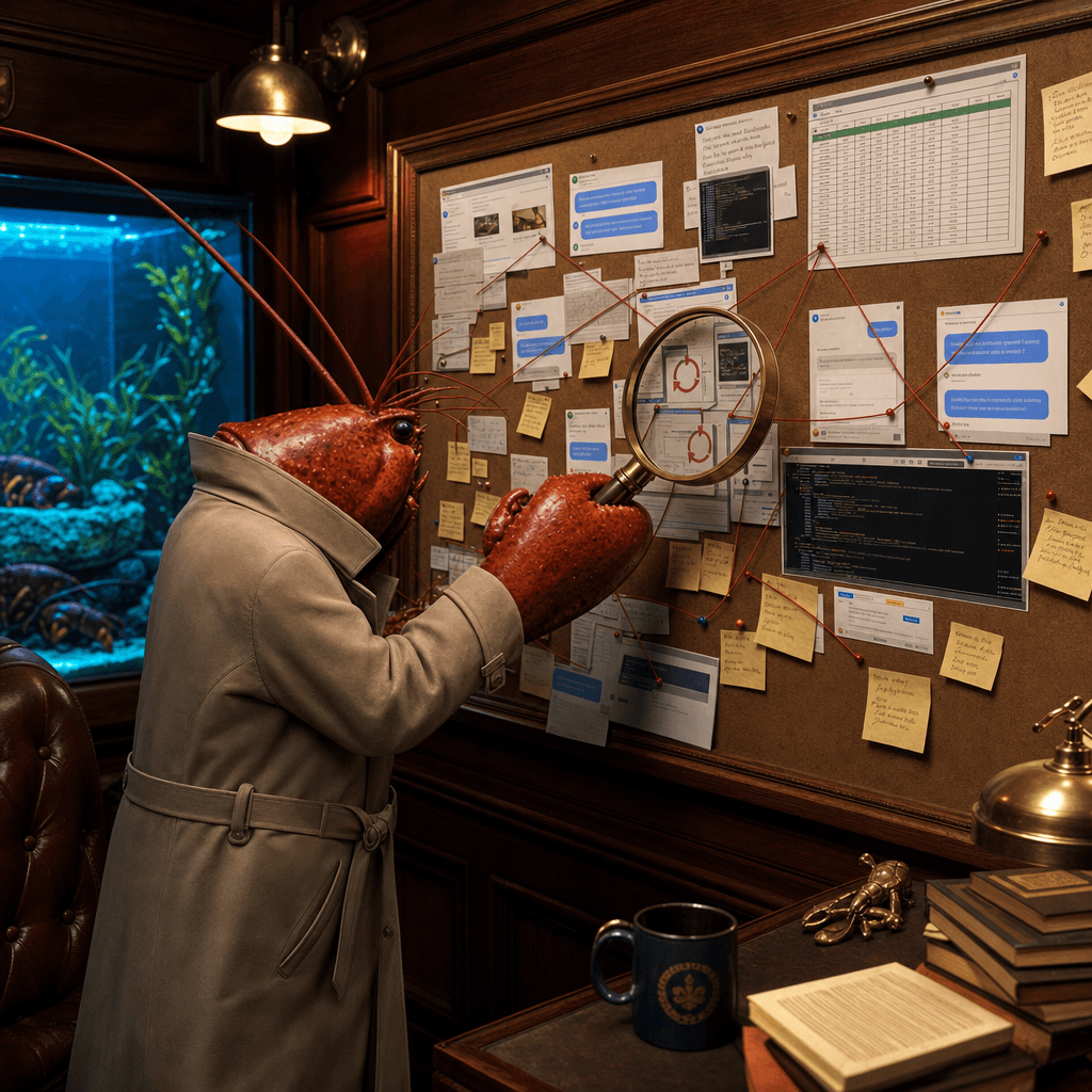 A lobster detective in a tailored trench coat studying a corkboard in a premium wood-paneled office, with screenshots, spreadsheet fragments, CSV scraps, and red string connecting repeated manual workarounds